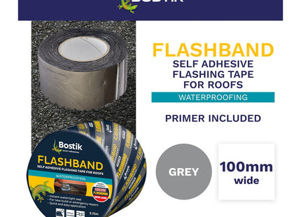 Bostik Flashband Self Adhesive Flashing Tape for Roofs Grey - 100mm x 3.75m - Provides an Instant Watertight Seal - Complete With Primer
