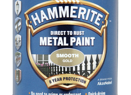 Hammerite Direct to Rust Metal Paint - Smooth Gold Finish 250ml 5084847
