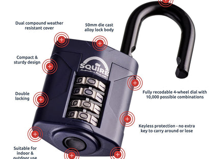 Squire Heavy Duty Padlock 4 Wheel Combination Padlock Alloy Steel for Corrosion Resistance Weatherproof Lock for Home, 50 mm CP50