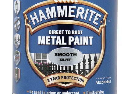 Hammerite Direct to Rust Metal Paint Smooth Silver Finish Durable Protective Coating for Indoor & Outdoor Metal Surfaces, Quick Drying 250ml
