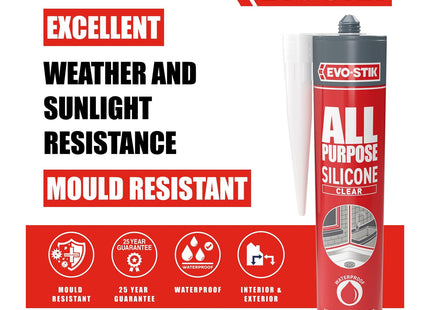 Evo-stik All Purpose Clear Silicone Sealant 280ml - Shower and Bathroom Sealant - Anti Mould - Waterproof - Suitable for Interior and Exterior Use