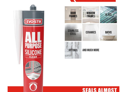 Evo-stik All Purpose Clear Silicone Sealant 280ml - Shower and Bathroom Sealant - Anti Mould - Waterproof - Suitable for Interior and Exterior Use