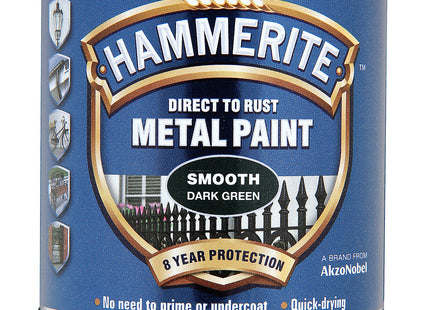 Hammerite Paint Direct to Rust Exterior Gloss Dark Green Metal Paint, Smooth Finish and Corrosion Resistant. 8 Year Protection 1.25 SqM Coverage 250ml