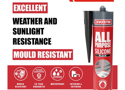 Evo-stik All Purpose Silicone Sealant Black - Flexible - Suitable For a Host Of Different Applications - Guaranteed Up To 25 Years 300ml