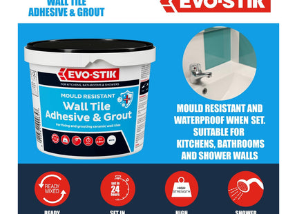 Evo-stik Wall Tile Adhesive and Grout White 1 Litre - Mould Resistant - Waterproof - Ready to Use