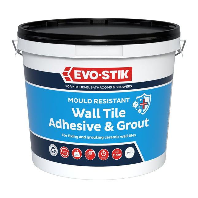 Evo-stik Mould Resistant Wall Tile Adhesive & Grout White - 2.5 Litre - 2-in-1 for Bathrooms - Ready-Mixed - Waterproof - Kitchens & Showers