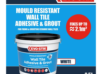 Evo-stik Mould Resistant Wall Tile Adhesive & Grout White - 2.5 Litre - 2-in-1 for Bathrooms - Ready-Mixed - Waterproof - Kitchens & Showers