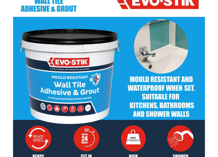 Evo-stik Mould Resistant Wall Tile Adhesive & Grout White - 2.5 Litre - 2-in-1 for Bathrooms - Ready-Mixed - Waterproof - Kitchens & Showers