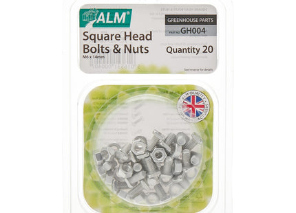 ALM Manufacturing Aluminium Square Head Nuts & Bolts (Pack 20) -, Silver GH004