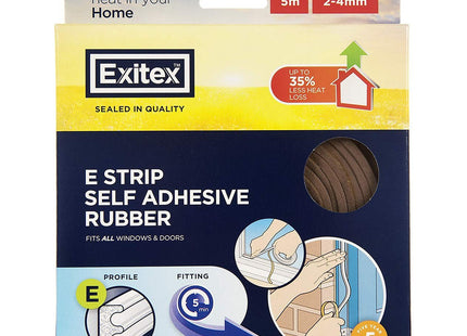 Exitex E Strip Self-Adhesive Rubber Seal 5m Roll Seals Gaps 2-4mm (Brown)