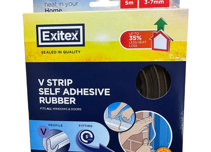 Exitex Self Adhesive V Strip Seal 5m Draught Proofing Rubber for Doors and Windows Stops Drafts 3 to 7 mm Gaps - Brown