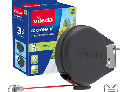 Vileda Single Cordomatic Retractable Washing Line, 15m, Holds up to 15kg