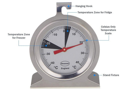 Brannan Dial Fridge Freezer Thermometer Stainless Steel With Recommended Safe Temperature Zones Easy To Hand or Sit on Refrigerator Shelf