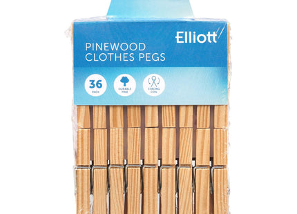Elliott Traditional Pinewood Clothes Pegs with Contoured Design to Prevent Marking Clothes and Metal Coil Spring for Firm Grip
