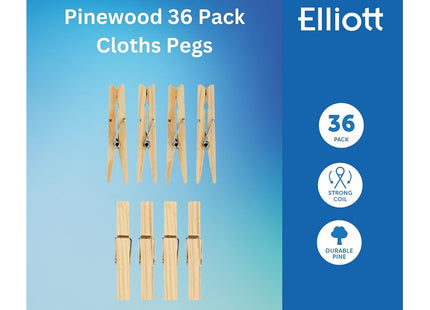 Elliott Traditional Pinewood Clothes Pegs with Contoured Design to Prevent Marking Clothes and Metal Coil Spring for Firm Grip