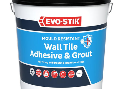 Evo-stik Mould Resistant Wall Tile Adhesive & Grout White - 5 Litre - Ready-Mixed - Waterproof - 2-in-1 for Bathrooms - Kitchens & Showers