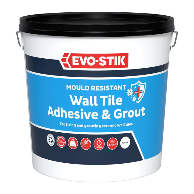 Evo-stik Mould Resistant Wall Tile Adhesive & Grout White - 5 Litre - Ready-Mixed - Waterproof - 2-in-1 for Bathrooms - Kitchens & Showers