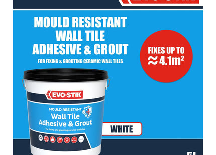 Evo-stik Mould Resistant Wall Tile Adhesive & Grout White - 5 Litre - Ready-Mixed - Waterproof - 2-in-1 for Bathrooms - Kitchens & Showers