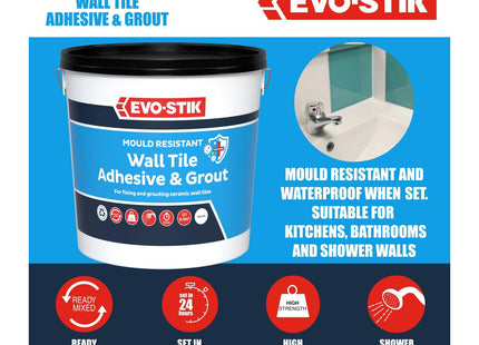 Evo-stik Mould Resistant Wall Tile Adhesive & Grout White - 5 Litre - Ready-Mixed - Waterproof - 2-in-1 for Bathrooms - Kitchens & Showers