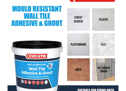Evo-stik Mould Resistant Wall Tile Adhesive & Grout White - 5 Litre - Ready-Mixed - Waterproof - 2-in-1 for Bathrooms - Kitchens & Showers