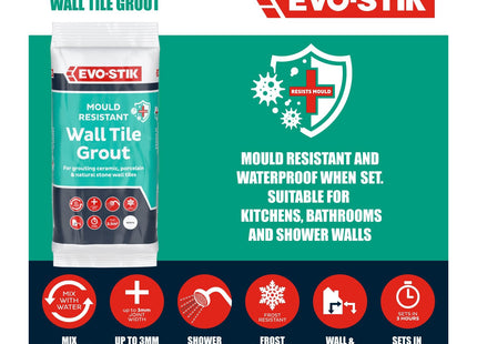 Evo-Stik Evo Stik Wall Tile Grout Mould Resistant White - 500g - Fast Setting - Suitable for Kitchens and Bathrooms - Ceramic - Stone & Porcelain