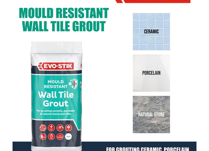 Evo-Stik Evo Stik Wall Tile Grout Mould Resistant White - 500g - Fast Setting - Suitable for Kitchens and Bathrooms - Ceramic - Stone & Porcelain