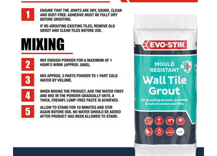 Evo-Stik Evo Stik Wall Tile Grout Mould Resistant White - 500g - Fast Setting - Suitable for Kitchens and Bathrooms - Ceramic - Stone & Porcelain