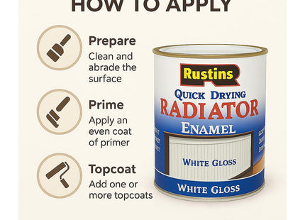 Rustins Quick Drying Radiator Enamel Gloss - White 500ml - Durable, Long-Lasting Finish for Radiators That Stands the Test of Time