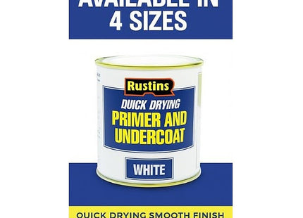 Rustins Quick Dry Primer Undercoat Fast-Drying Paint Base for Smooth Coverage; Easy-to-Use Interior & Exterior Prep Coat for Walls 500ml WHPU500 White