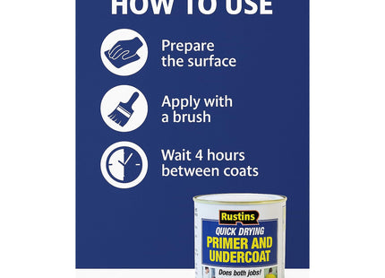 Rustins Quick Dry Primer Undercoat Fast-Drying Paint Base for Smooth Coverage; Easy-to-Use Interior & Exterior Prep Coat for Walls 500ml WHPU500 White