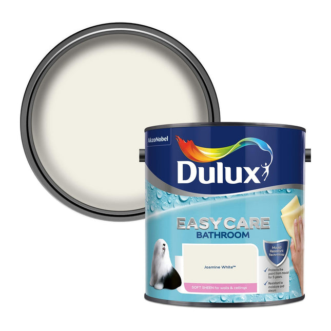 Dulux Easycare Bathroom Soft Sheen Emulsion Paint for Walls and Ceilings - Jasmine White 2.5 Litre