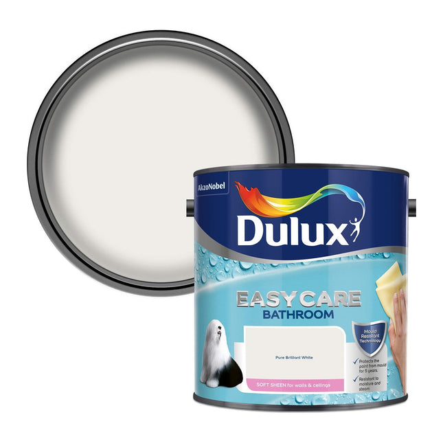 Dulux Easycare Bathroom Soft Sheen Emulsion Paint for Walls and Ceilings - Pure Brilliant White 2.5 Litre 500001