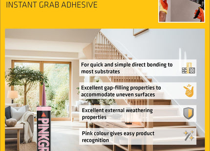 Everbuild Sika Pinkgrip Instant Grab Adhesive - Slump Resistant - External and Internal Use - 350ml, Pink