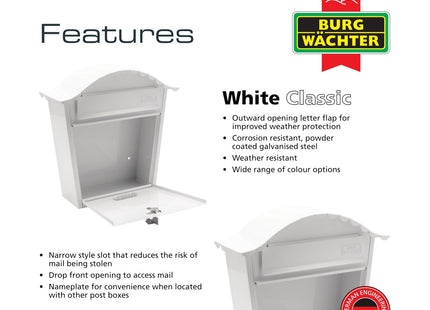 Burg-Wachter Burg Wachter White Classic Wall Mounted Galvanised Steel Lockable Weatherproof Post Box - 36x37x13cm MB01