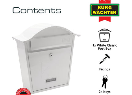 Burg-Wachter Burg Wachter White Classic Wall Mounted Galvanised Steel Lockable Weatherproof Post Box - 36x37x13cm MB01