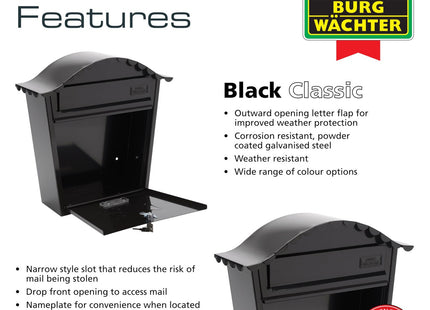 Burg-Wachter Burg Wachter Black Classic Wall Mounted Galvanised Steel Lockable Weatherproof Post Box - 36x37x13cm MB01BK