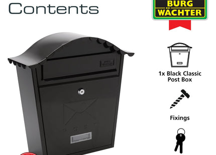Burg-Wachter Burg Wachter Black Classic Wall Mounted Galvanised Steel Lockable Weatherproof Post Box - 36x37x13cm MB01BK