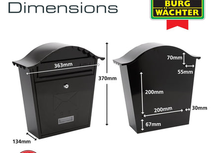 Burg-Wachter Burg Wachter Black Classic Wall Mounted Galvanised Steel Lockable Weatherproof Post Box - 36x37x13cm MB01BK