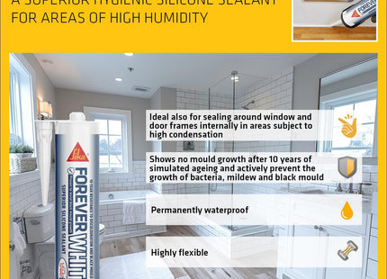 Everbuild Sika Forever White Anti-Mould Silicone Sealant - Permanently Waterproof - Suitable for Internal And External Use - White - 295ml