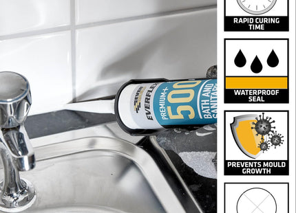 Everbuild Sika SikaSeal Sanitary Silicone + (Previously Everflex 500), Waterproof - Anti-Fungal - Quick Curing - Translucent - 295ml
