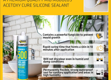 Everbuild Sika SikaSeal Sanitary Silicone + (Previously Everflex 500), Waterproof - Anti-Fungal - Quick Curing - Translucent - 295ml