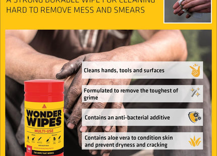Everbuild Sika Wonder Wipes Multi-Use Cleaning Wipes for the Building Trade - Specially Formulated to Clean Hands, Tools and Surfaces - 100 Wipes