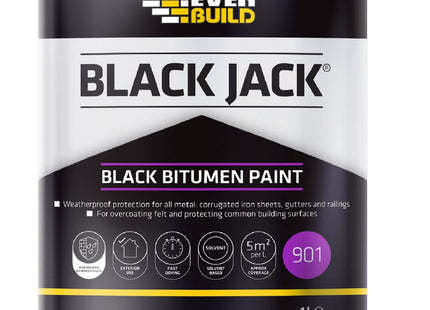 Everbuild Black Jack 901 Bitumen Paint - Solvent Based - Black - 1 Litre