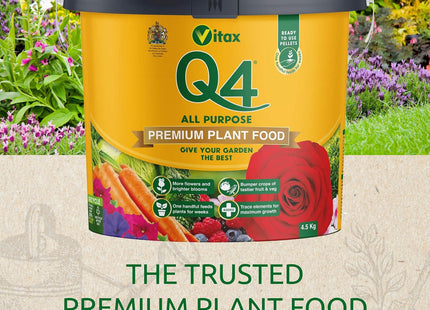 Vitax Q4 All Purpose Plant Food, Fertiliser Enriched With Organic Nutrients, More Flowers, Bigger Yields, Slow Release - 4.5kg Tub