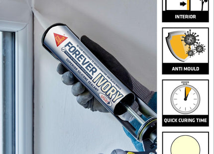 Everbuild Sika Forever Ivory Anti-Mould Silicone Sealant - Permanently Waterproof - Suitable for Internal And External Use - Ivory - 295ml