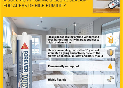 Everbuild Sika Forever Ivory Anti-Mould Silicone Sealant - Permanently Waterproof - Suitable for Internal And External Use - Ivory - 295ml