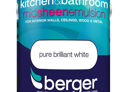 Berger Kitchen & Bathroom Mid Sheen Emulsion Pure Brilliant White 2.5 Litre