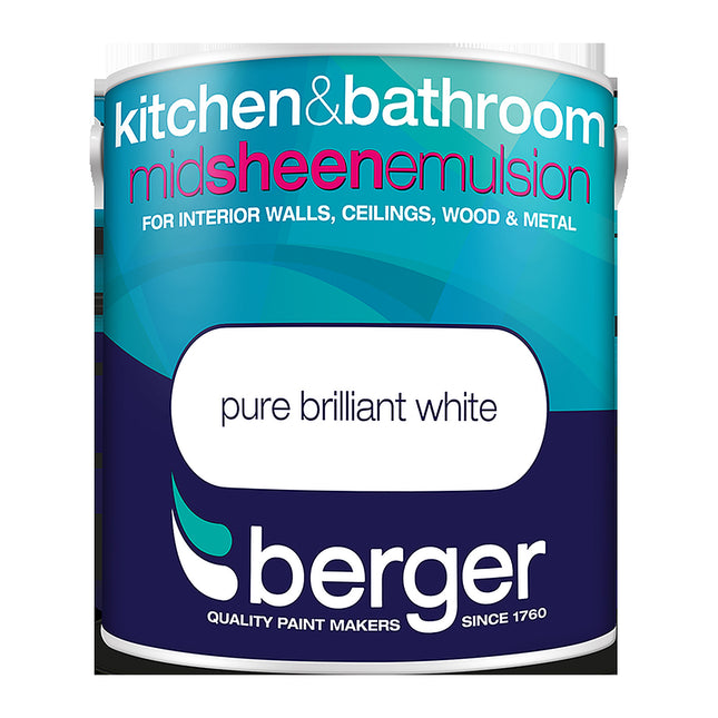 Berger Kitchen & Bathroom Mid Sheen Emulsion Pure Brilliant White 2.5 Litre