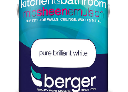 Berger Kitchen & Bathroom Mid Sheen Emulsion Pure Brilliant White 2.5 Litre