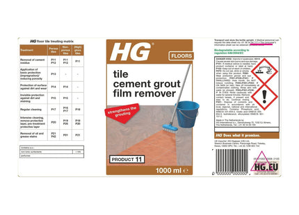 HG Tile Cement Grout Film Remover, Natural Stone Safe Floor Cleaner & Grout Stain Remover 1 Litre